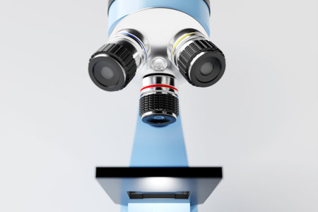 Realistic 3d microscope on white background, laboratory equipment. Microscope for laboratory...