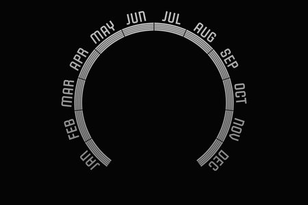 3d illustration of a round scale with the names of the months. Unusual calendar on black background