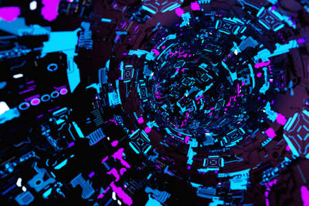 3d illustration of a portal from a circle, walkway. A close-up of a colorful round monocrome tunnel.の写真素材