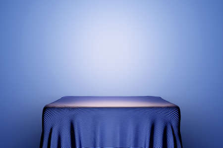 3d illustration of a scene from a square on a pedestal under a blue cloth on a monocrome background.の写真素材