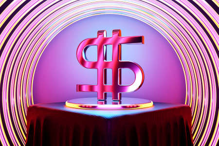 3d illustration of dollar money icon on circle podium. Currency exchange symbol, rising prices.の写真素材