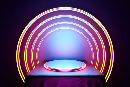 3d illustration of a purple circle podium stand on the background of a geometric composition. 3d...