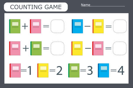 counting game with school supplies, notebooks. Preschool worksheet, kids activity sheet, printable worksheetのイラスト素材