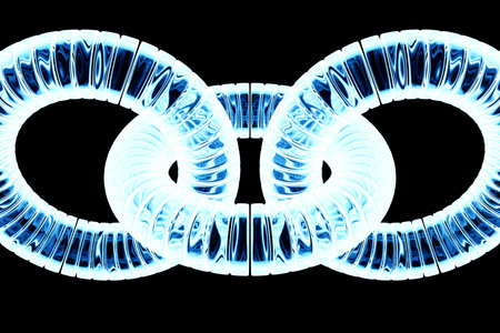 3d illustration of close-up of blue glowing chain links bent in a fancy shape on a black background