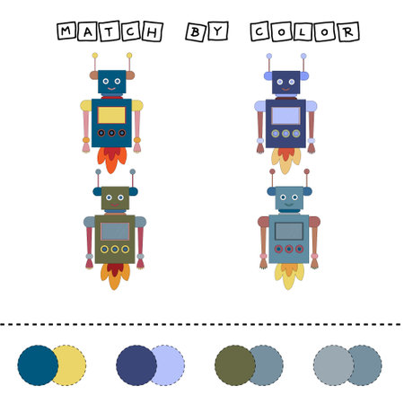 worksheet vector design, challenge to connect the robot with its color. Logic game for kids.のイラスト素材