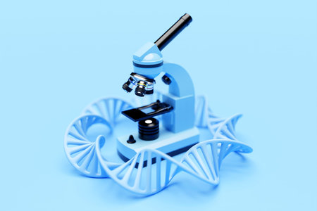 3d illustration realistic laboratory microscope with DNA molecules no blue background. 3d chemistry,...