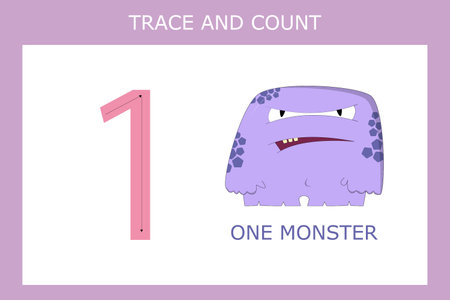 Numbers for kids. Worksheet for kindergarten and preschool. Training to write and count numbers with funny monstersのイラスト素材