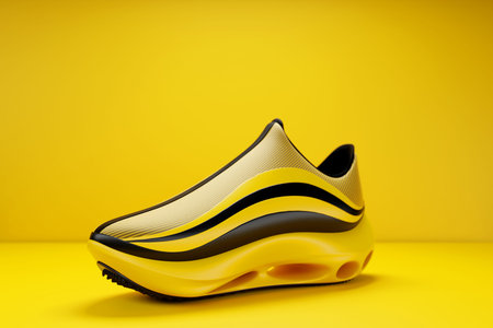 3d illustration of yellow-black sneakers with foam soles and closure under neon color on a yellow...