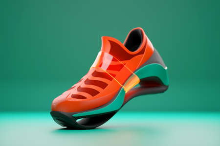 Red sneaker premium 3d Render on a green backgroundの写真素材