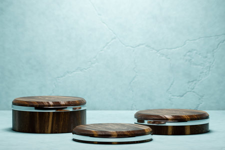3d illustration of a wooden circle podium stand on the gray background . 3d rendering. minimalism geometry backgroundの写真素材