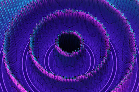 3d illustration of a portal from a circle, walkway. A close-up of a pink and blue round monocrome...