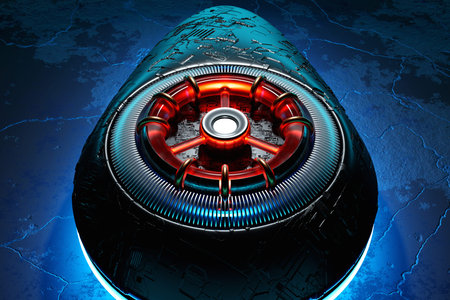 3D rendering future engine rocket turbine technology under blue and purple light. Futuristic part of...