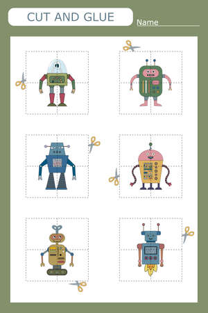 worksheet vector design, the task is to cut and glue a piece on colorful robots . Logic game for kids.のイラスト素材
