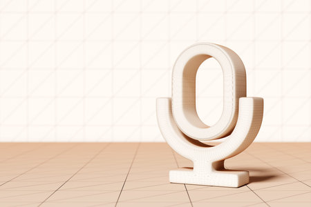 Beige retro microphone icon on a monochrome background, close-up view. Live show, music recording,...