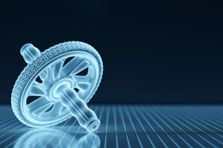3D illustration, manual blue compact two-wheeled roller with handles for training the press. Home and sports gymnastic equipment for the abdominal muscles.の写真素材