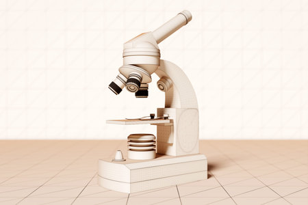 Realistic 3d microscope on monocrome background, laboratory equipment. Microscope for laboratory...