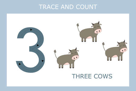 Number three stroke worksheet with cows for fine motor skills kids. Educational game for preschoolers.のイラスト素材