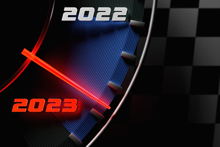 3D illustration close up black speedometer with cutoffs 2022,2023. The concept of the new year and...