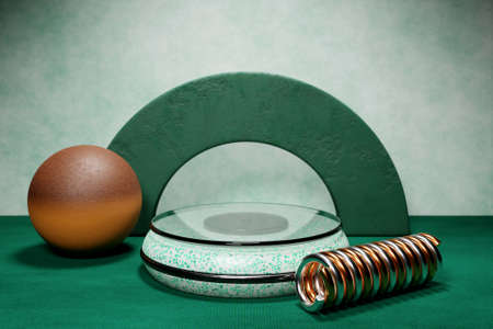 3d illustration of a wooden circle podium stand on the background of a geometric composition. 3d rendering. minimalism geometry backgroundの写真素材