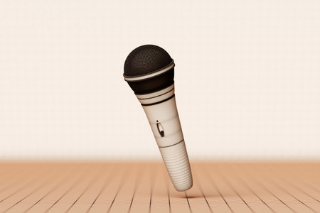 Beige microphone, model on monochrome background, 3d illustration. music award, karaoke, radio and recording studio sound equipmentの写真素材