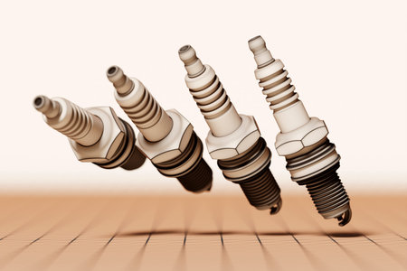 Beige spark plugs on beige background. 3d illustration. Car Repair Parts