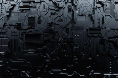 Detail of a futuristic machine. 3D illustration of a futuristic wall made of various details. Cyberpunk background. industrial wallpaper. Grunge detailsの写真素材