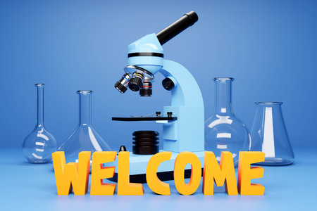 3d illustration of a set of laboratory instruments, microscope and inscription welcome. Chemical...