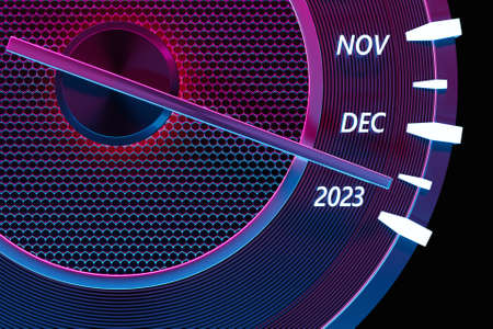 3D illustration close up black speedometer with cutoffs 2023 and calendar months. The concept of the new year and Christmas in the automotive field. Counting months, time until the new yearの写真素材