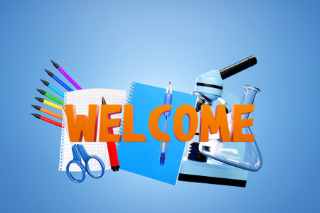 The inscription welcome on the background of stationery and microscopes on a purple background. Invitation to back to schoolの写真素材
