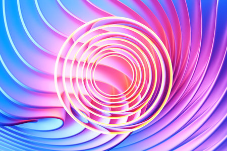 3d illustration of a portal from a circle, walkway. A close-up of a pink and blue round monocrome tunnel.の写真素材