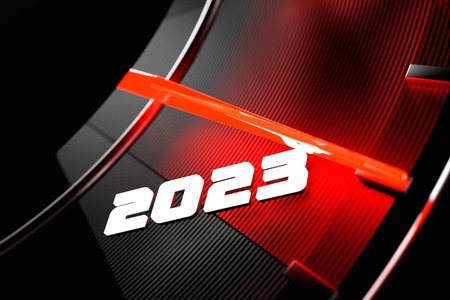 3D illustration close up black speedometer with cutoffs 2022,2023. The concept of the new year and...