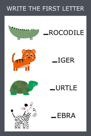 Find the first letter of the word and connect. Educational game for kids.のイラスト素材