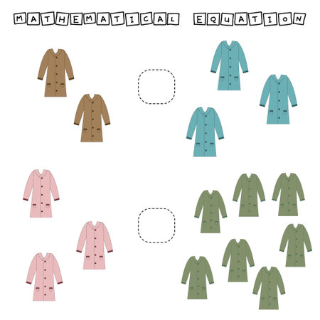 Math problem: greater, less, or equal. Count the number of cartoon colored coats and compare. Educational math game for kids.のイラスト素材