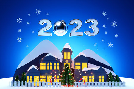 3D illustration Christmas illustration, card with night small village, city tree decorated with...