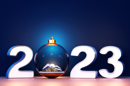 3D illustration Fairy tale holiday card with crystal ball, night small village, city tree decorated. Realistic holiday decorationsの写真素材