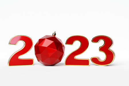 3d illustration Happy new year 2023 background template. Holiday volumetric 3D illustration of the red number 2023. Festive poster or banner design. Modern happy new year backgroundの写真素材