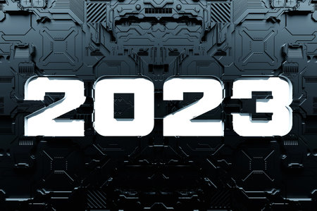 3d illustration Futuristic tech postcard with the year 2023 on the background of a metallic,...
