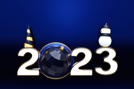 3d illustration of cartoon happy new year 2023 greeting card: new year banner with decor and gifts,