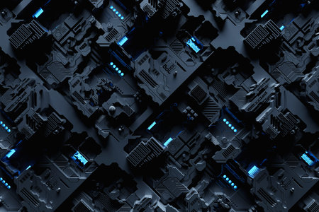 3D illustration of the Close up of the black cyber armor with neon lights. Abstract Graphics in the style of computer games.の写真素材
