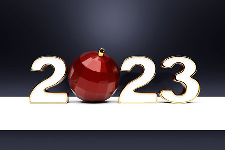 3D illustration New Year card with 2023 decor. Christmas greetings.