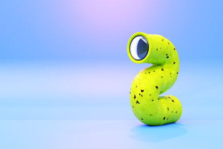 close-up of a curved rusty pipe with peeling paint with a lens inside that looks like an eye on a blue background. A cartoon pipe that looks like a worm. 3D illustrationの写真素材