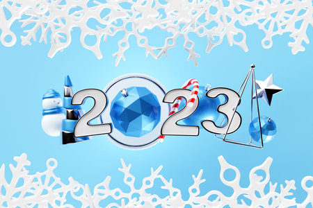 3d illustration of cartoon happy new year 2023 greeting card: new year banner with decor, snowflakes...