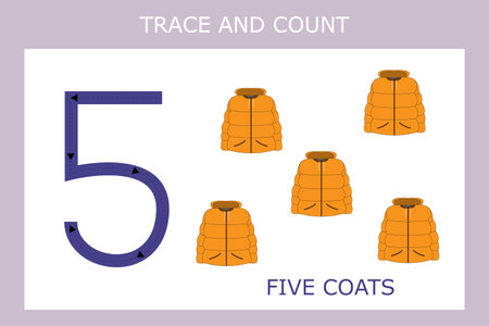 A game of tracing the outlines of the number five with coats . Preschool worksheet, kids activity sheet, printable worksheetのイラスト素材