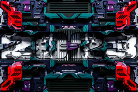 3d illustration Futuristic tech postcard with the year 2023 on the background of a metallic, technological cover of a spaceship or robot. Abstract graphics in the style of computer games.の写真素材