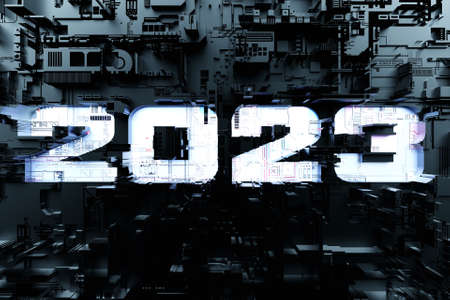 3d illustration Futuristic tech postcard with the year 2023 on the background of a metallic, technological cover of a spaceship or robot. Abstract graphics in the style of computer games.の写真素材