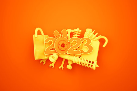 3d illustration design happy new year 2023 with auto parts for auto mechanic service concept...