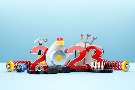 3d illustration of inscription 2023 and auto parts car on blue isolated background. Car Repair Parts...