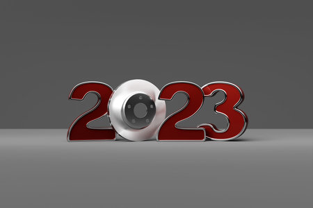 3d illustration of happy new year 2023 greeting card: new year banner with brake pads. The concept...