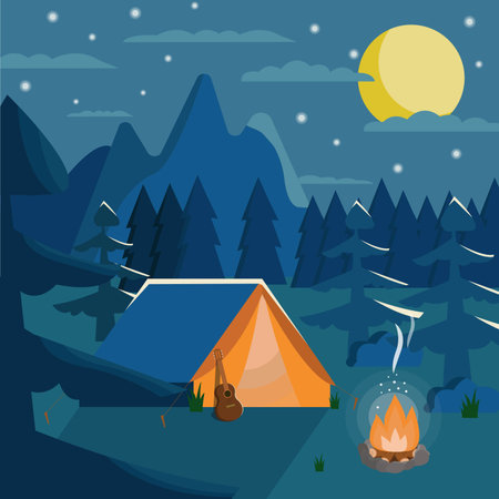 Landscape illustration of sunny day in flat style with tent, campfire, mountains, forest and water. Travel design, camping.のイラスト素材