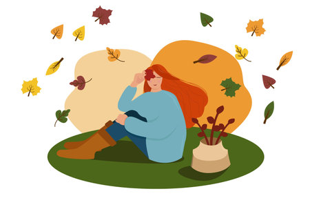 autumn illustration. A young woman sits on a blanket and enjoys life, while leaves fly aroundのイラスト素材